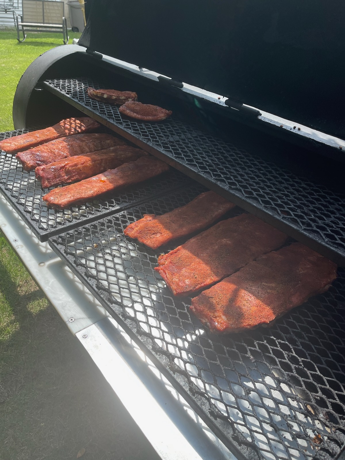 Rubbed ribs mid-smoke